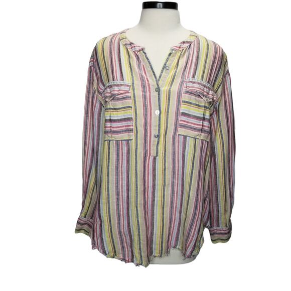 Elan Popover Top Large 100% Linen Striped Long Sleeve Split V Neck - Picture 10 of 10
